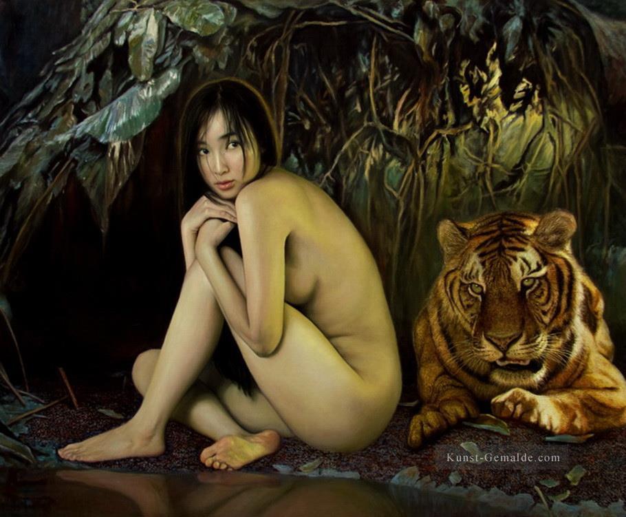 Tiger Regen Chinesisches Mädchen Nackt Ölgemälde